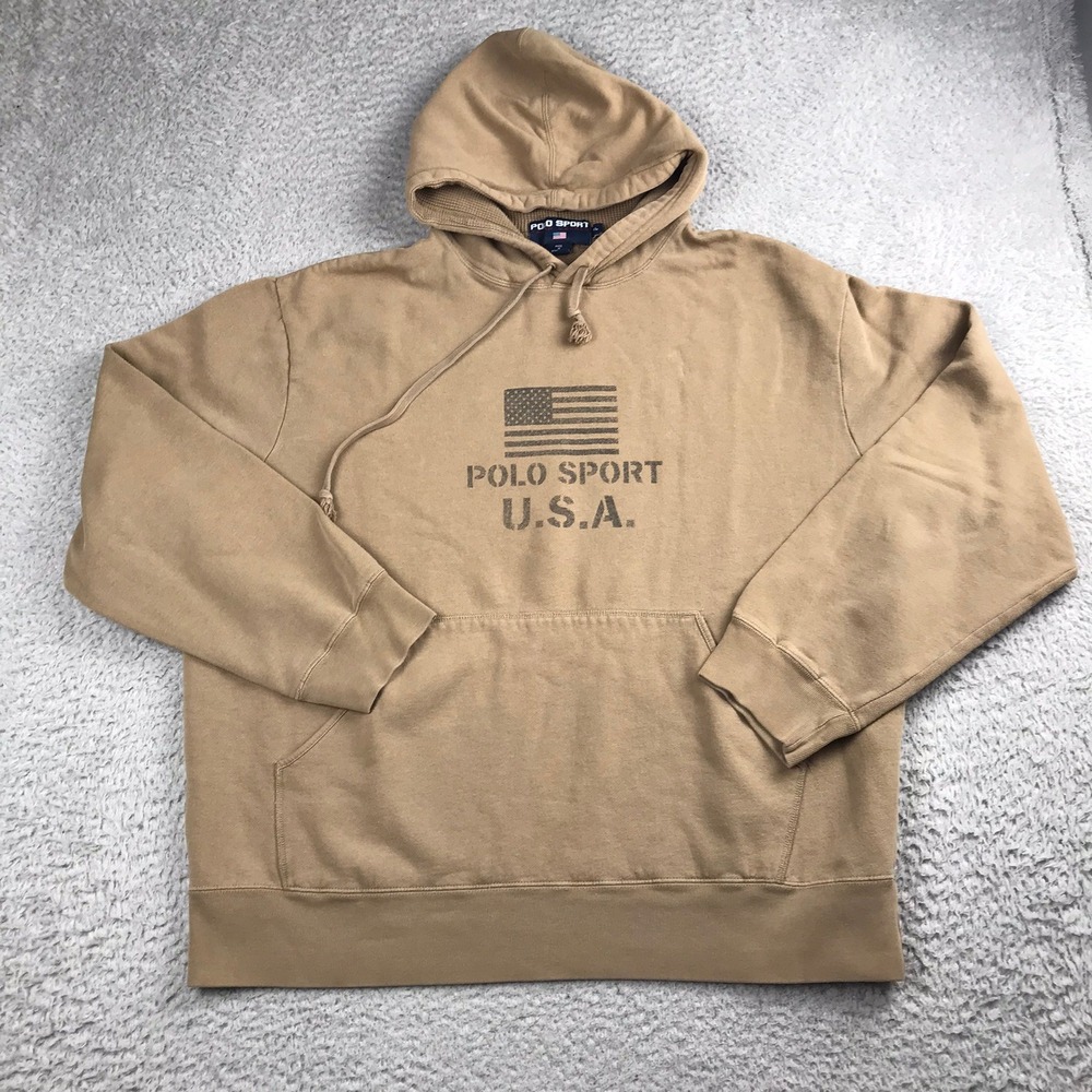 Polo Sport Ralph Lauren Hoodie Mens XL Tan Brown Flag Graphic Sweatshirt Vintage